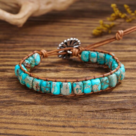 Women Boho Handmade Natural Stone Crystal Leather Bead Wrap Bracelets - Picture 4 of 5